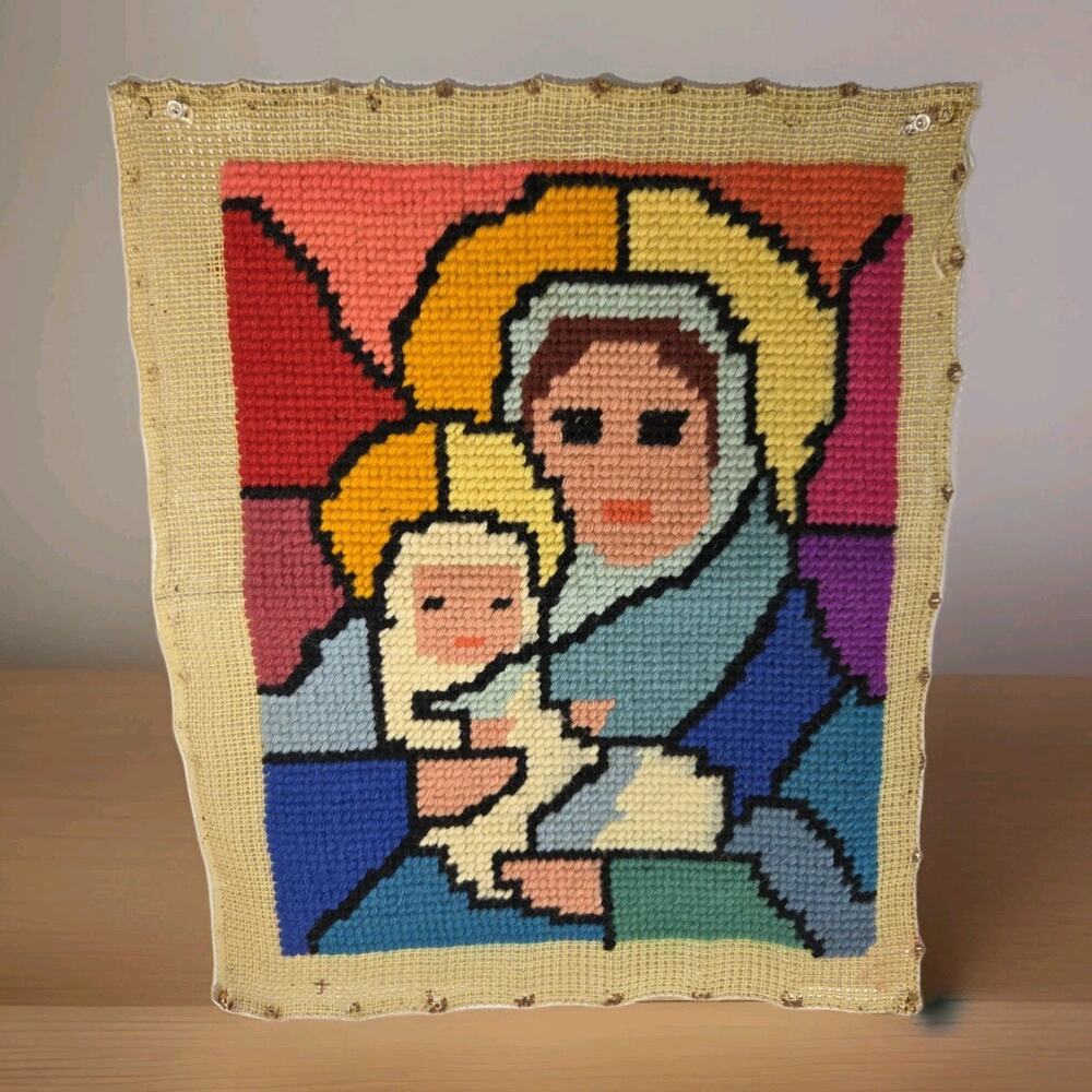 Vtg Madonna Child Virgin Mary Baby Jesus Needlepoint Embroidery Handmade Religio